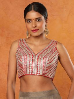 SALWAR STUDIO - Red V-Neck Heavy Sequins Embellished Bridal Stitched Blouse