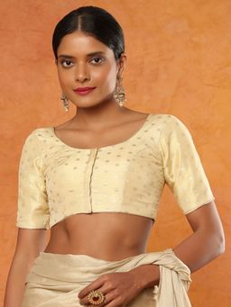 SALWAR STUDIO - Golden Tissue Round Neck Elbow Sleeves Woven Stitched Blouse