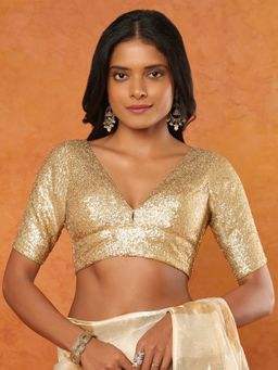 SALWAR STUDIO - Golden Sequins Embellished V-Neck Elbow Sleeves Stitched Blouse