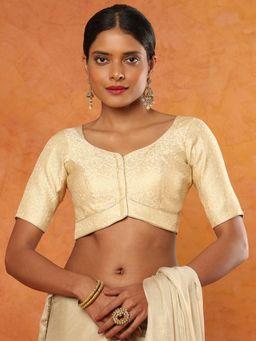 SALWAR STUDIO - Gold Brocade Round Neck Elbow Sleeves Woven Stitched Blouse