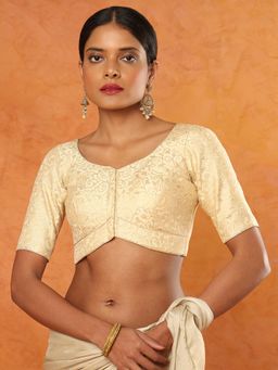 SALWAR STUDIO - Gold Brocade Round Neck Elbow Sleeves Woven Stitched Blouse