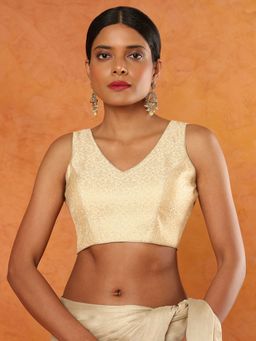 SALWAR STUDIO - Golden V Neck Brocade Sleeveless Woven Stitched Blouse
