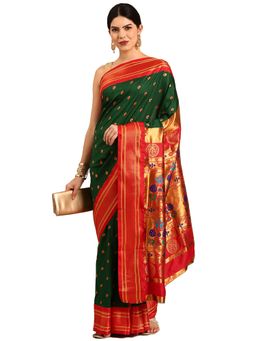 VARKALA SILK SAREES - Bottle Green Maharani Paithani Saree with Unstitched Blouse
