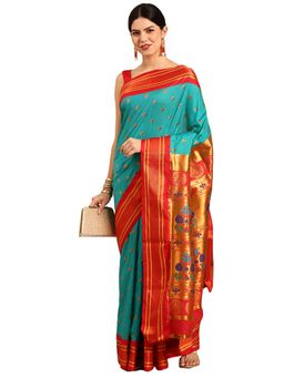 VARKALA SILK SAREES - Turquoise Maharani Paithani Saree with Unstitched Blouse