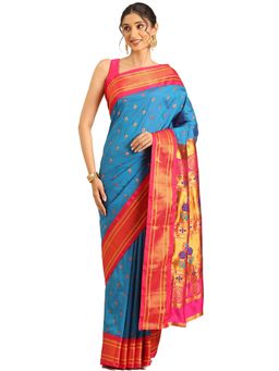 VARKALA SILK SAREES - Firozi and Pink Maharani Paithani Saree with Unstitched Blouse
