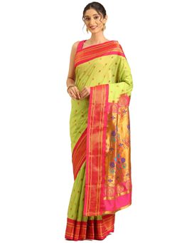 VARKALA SILK SAREES - Parrot Green and Pink Maharani Paithani Saree with Unstitched Blouse
