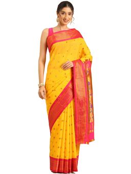 VARKALA SILK SAREES - Haldi and Pink Maharani Paithani Saree with Unstitched Blouse