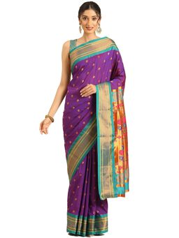 VARKALA SILK SAREES - Magenta and Rama Maharani Paithani Saree with Unstitched Blouse