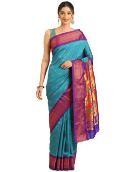 VARKALA SILK SAREES - Rama and Violet Maharani Paithani Saree with Unstitched Blouse