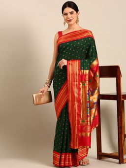 VARKALA SILK SAREES - Bottle Green Double Pallu Paithani Saree with Unstitched Blouse