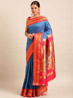 VARKALA SILK SAREES - Firozi Double Pallu Paithani Saree with Unstitched Blouse