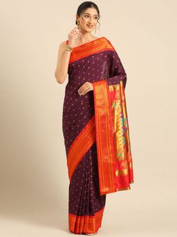 VARKALA SILK SAREES - Wine Double Pallu Paithani Saree with Unstitched Blouse