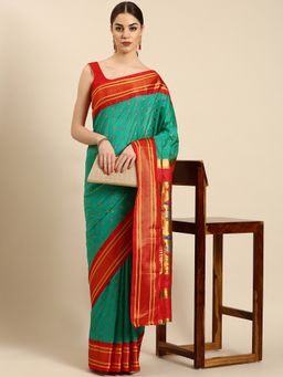 VARKALA SILK SAREES - Sea Green Double Pallu Paithani Saree with Unstitched Blouse