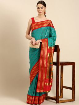 VARKALA SILK SAREES - Turquoise Double Pallu Paithani Saree with Unstitched Blouse