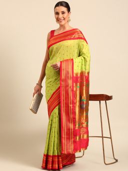 VARKALA SILK SAREES - Parrot Green Double Pallu Paithani Saree with Unstitched Blouse