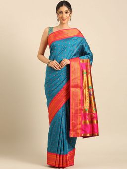 VARKALA SILK SAREES - Firozi and Pink Double Pallu Paithani Saree with Unstitched Blouse