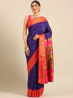 VARKALA SILK SAREES - Violet and Pink Double Pallu Paithani Saree with Unstitched Blouse