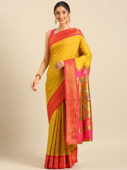 VARKALA SILK SAREES - Mustard and Pink Double Pallu Paithani Saree with Unstitched Blouse