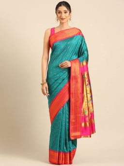 VARKALA SILK SAREES - Rama and Pink Double Pallu Paithani Saree with Unstitched Blouse