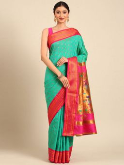 VARKALA SILK SAREES - Sea Green and Pink Double Pallu Paithani Saree with Unstitched Blouse