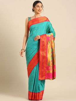 VARKALA SILK SAREES - Turquoise and Pink Double Pallu Paithani Saree with Unstitched Blouse