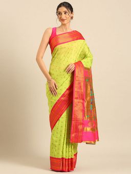 VARKALA SILK SAREES - Parrot Green and Pink Double Pallu Paithani Saree with Unstitched Blouse