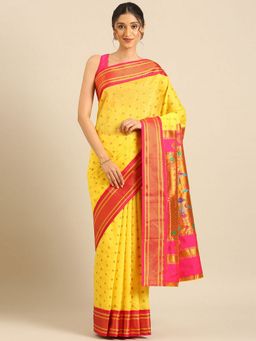 VARKALA SILK SAREES - Gold and Pink Double Pallu Paithani Saree with Unstitched Blouse