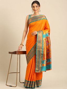 VARKALA SILK SAREES - Orange and Rama Double Pallu Paithani Saree with Unstitched Blouse