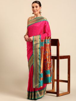 VARKALA SILK SAREES - Hot Pink and Rama Double Pallu Paithani Saree with Unstitched Blouse