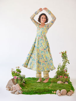 Baise Gaba - Yellow Floral Printed Gloria Anarkali Kurta