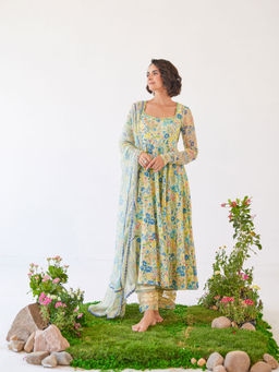 Baise Gaba - Yellow Floral Printed Gloria Anarkali Kurta with Pant & Dupatta (Set of 3)