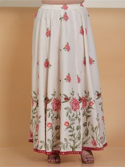 ARAMYA - Women Off White Linen Cotton Floral Skirt
