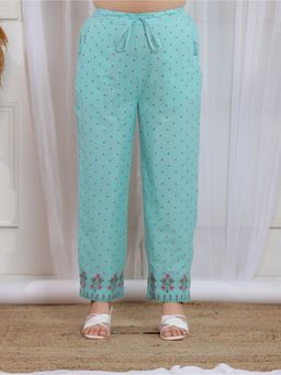 ARAMYA - Women Mint Green Soft Cotton Floral Pant