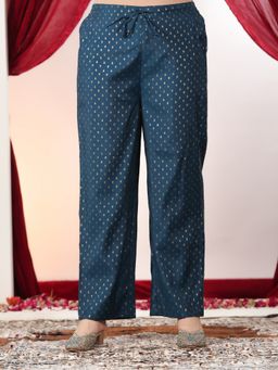 ARAMYA - Women Blue Poly Gold Foil Pant