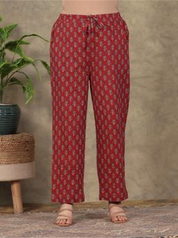 ARAMYA - Women Red Cotton Floral Pant