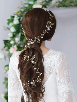 Yellow Chimes - Gold-Toned Floral Hair Vine Bridal Crown Pearl Hair Vine