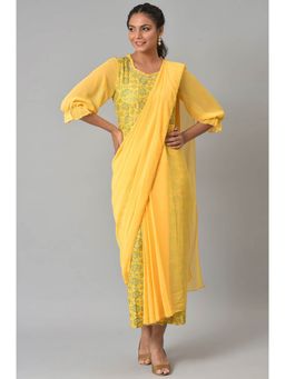 Aurelia - Yellow Saree Dress with Georgette Puffy Sleeves
