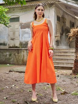 PURVAJA - Women Solid Orange Midi Dress