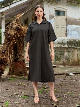 PURVAJA - Women Solid Black Midi Dress