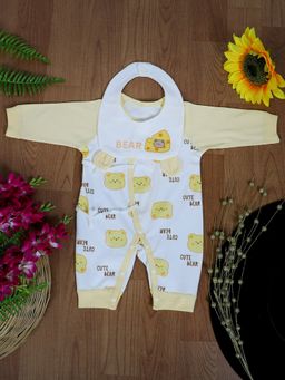 Baby Moo - Cute Bear Body Suit with Snap Buttons Tie Knot and Matching Bib (Set of 2)