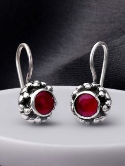 Peora - 925 Sterling Silver Oxidised Anti Tarnish Fish Hook Round Faux Garnet Drop EarringsPF59E70RP