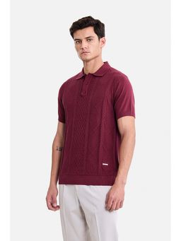 Snitch - Wine Cable-knit Half Sleeves Regular Casual Polo T-Shirt