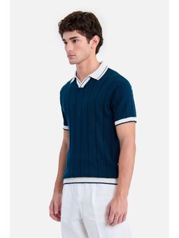 Snitch - Navy Blue Ribbed Half Sleeves Regular Casual Polo T-Shirt