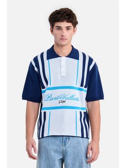 Snitch - Navy Blue Embroidery Half Sleeves Oversized Casual Polo T-Shirt