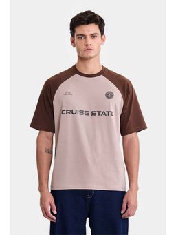 Snitch - Beige Typography Raglan Sleeves Oversized Casual T-Shirt