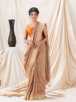 Angoshobha - Traditional Brown Handloom Soft Linen Saree with Unstitched Blouse