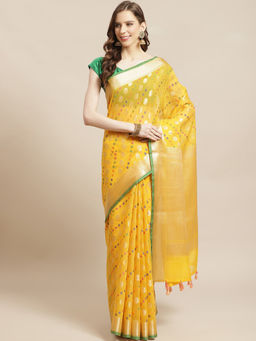 Indethnic - Banarasi Yellow Woven Design Festive Wear Saree With Unstitched Blouse