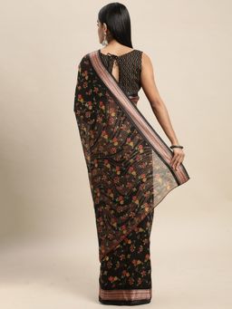Odette - Cotton Silk Black Printed Saree with Unstitched Blouse
