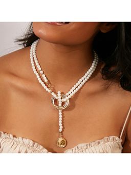 Yellow Chimes - Gold-Toned and White Pearl Beaded Elegant Knot Designed Necklace