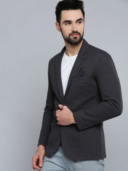 SHOWOFFFF - Men Notched Lapel Charcoal Self Design Blazer